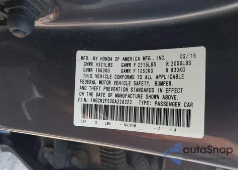 2016 Honda Accord Sport z USA, uszkodzony, nr VIN 1HGCR2F50GA208323